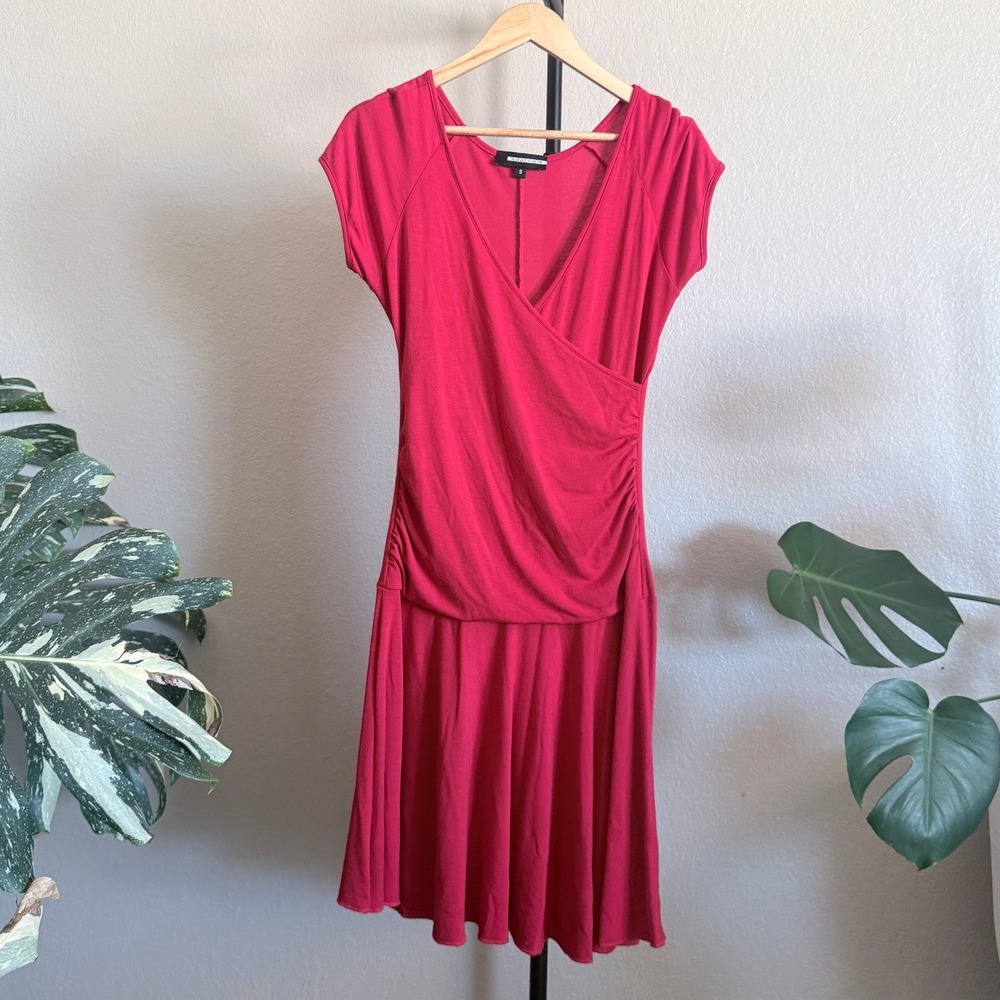 Anatomie Red V-Neck Faux Wrap Ruched Cap Sleeve Knee Length Dress Size S EU Made